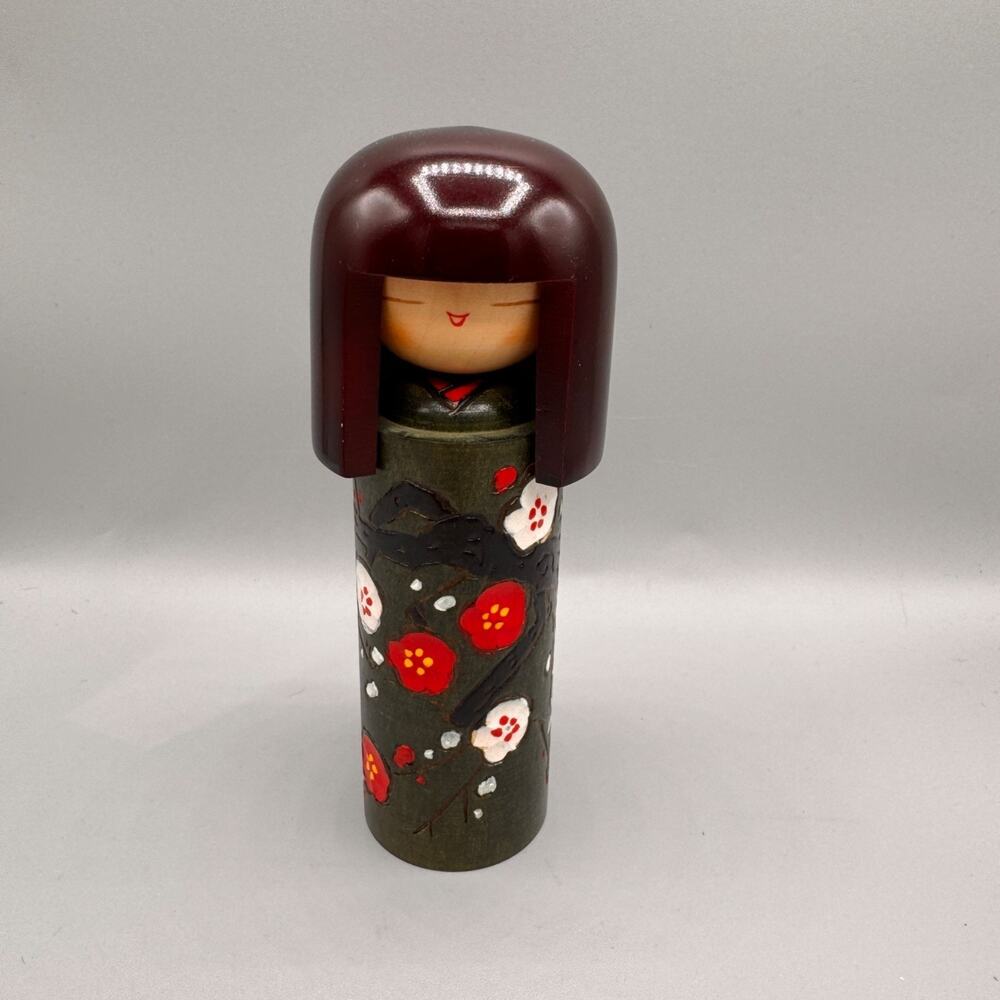 Vintage Japanese Kokeshi Doll Plum Blossoms Asian Decor Hand-Painted
